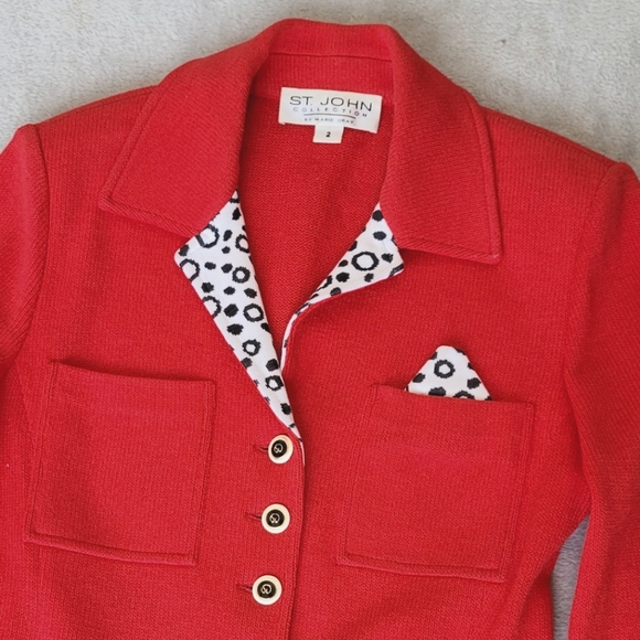 ST JOHN Blazer Red Vintage Marie Gray Collection Polka Dot Cheetah Trim 2 XS - Picture 2 of 15